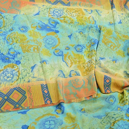 Indian Vintage Sari Green & orange Pure Crepe Silk Block Printed Sarees 6yd Sewing Floral Craft Fabric Wrap Dress Making Crafting Quilting