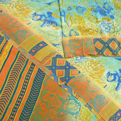 Indian Vintage Sari Green & orange Pure Crepe Silk Block Printed Sarees 6yd Sewing Floral Craft Fabric Wrap Dress Making Crafting Quilting