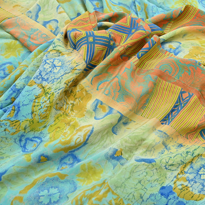 Indian Vintage Sari Green & orange Pure Crepe Silk Block Printed Sarees 6yd Sewing Floral Craft Fabric Wrap Dress Making Crafting Quilting