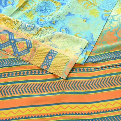 Indian Vintage Sari Green & orange Pure Crepe Silk Block Printed Sarees 6yd Sewing Floral Craft Fabric Wrap Dress Making Crafting Quilting