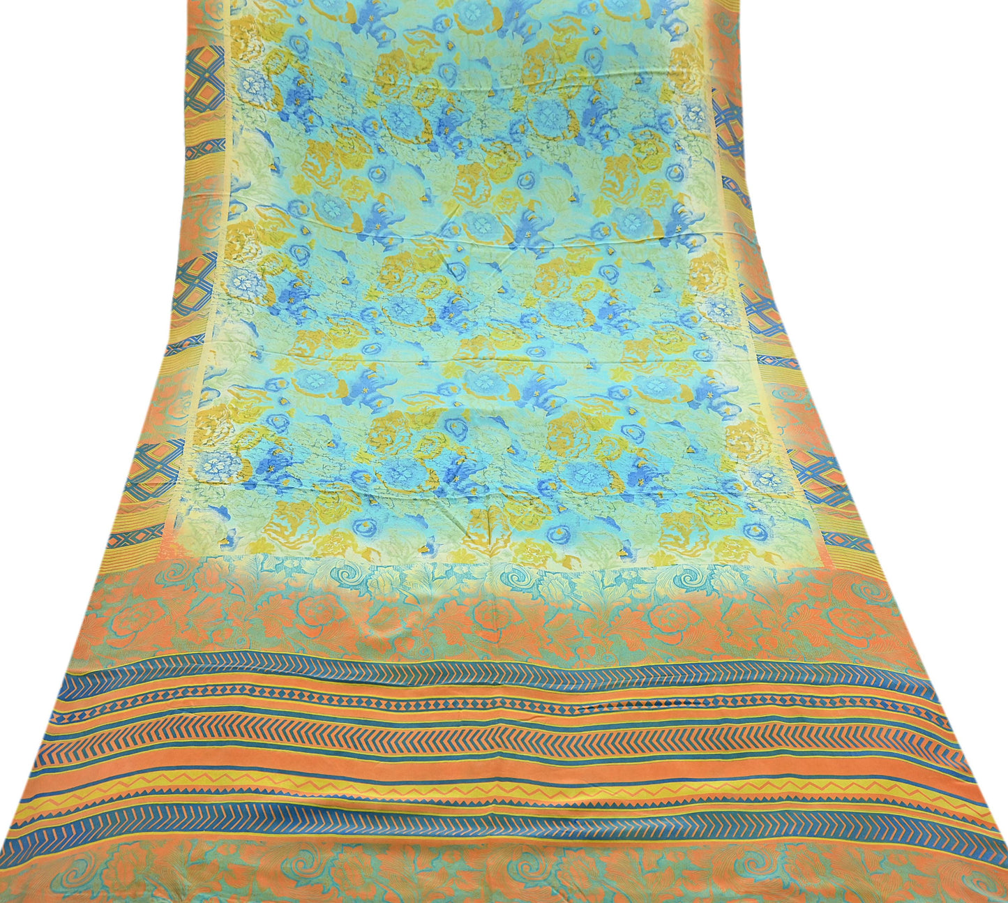 Indian Vintage Sari Green & orange Pure Crepe Silk Block Printed Sarees 6yd Sewing Floral Craft Fabric Wrap Dress Making Crafting Quilting