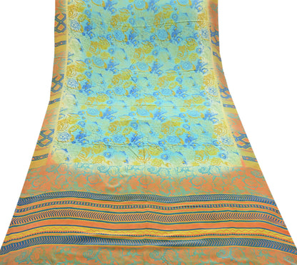 Indian Vintage Sari Green & orange Pure Crepe Silk Block Printed Sarees 6yd Sewing Floral Craft Fabric Wrap Dress Making Crafting Quilting