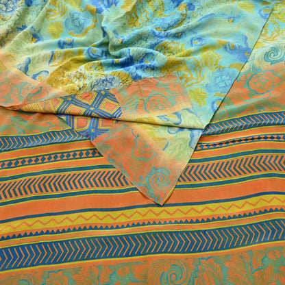Indian Vintage Sari Green & orange Pure Crepe Silk Block Printed Sarees 6yd Sewing Floral Craft Fabric Wrap Dress Making Crafting Quilting