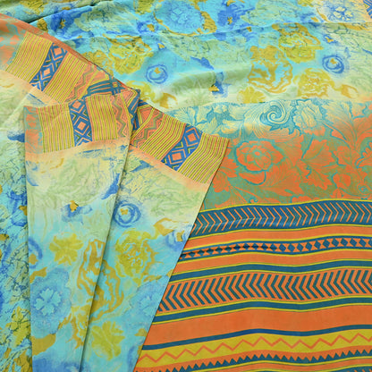 Indian Vintage Sari Green & orange Pure Crepe Silk Block Printed Sarees 6yd Sewing Floral Craft Fabric Wrap Dress Making Crafting Quilting