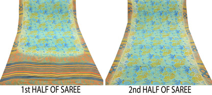 Indian Vintage Sari Green & orange Pure Crepe Silk Block Printed Sarees 6yd Sewing Floral Craft Fabric Wrap Dress Making Crafting Quilting