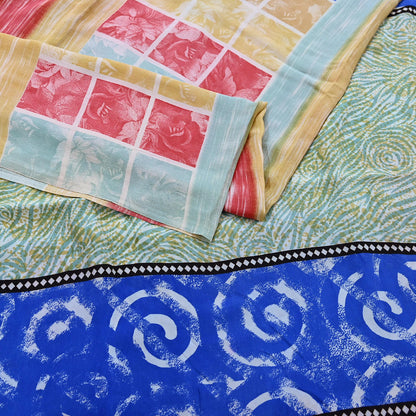 Indian Vintage Sari Multi Pure Crepe Silk Printed Saree 5yard Sewing Geometric Craft Fabric Wrap Dress Making Crafting Quilting
