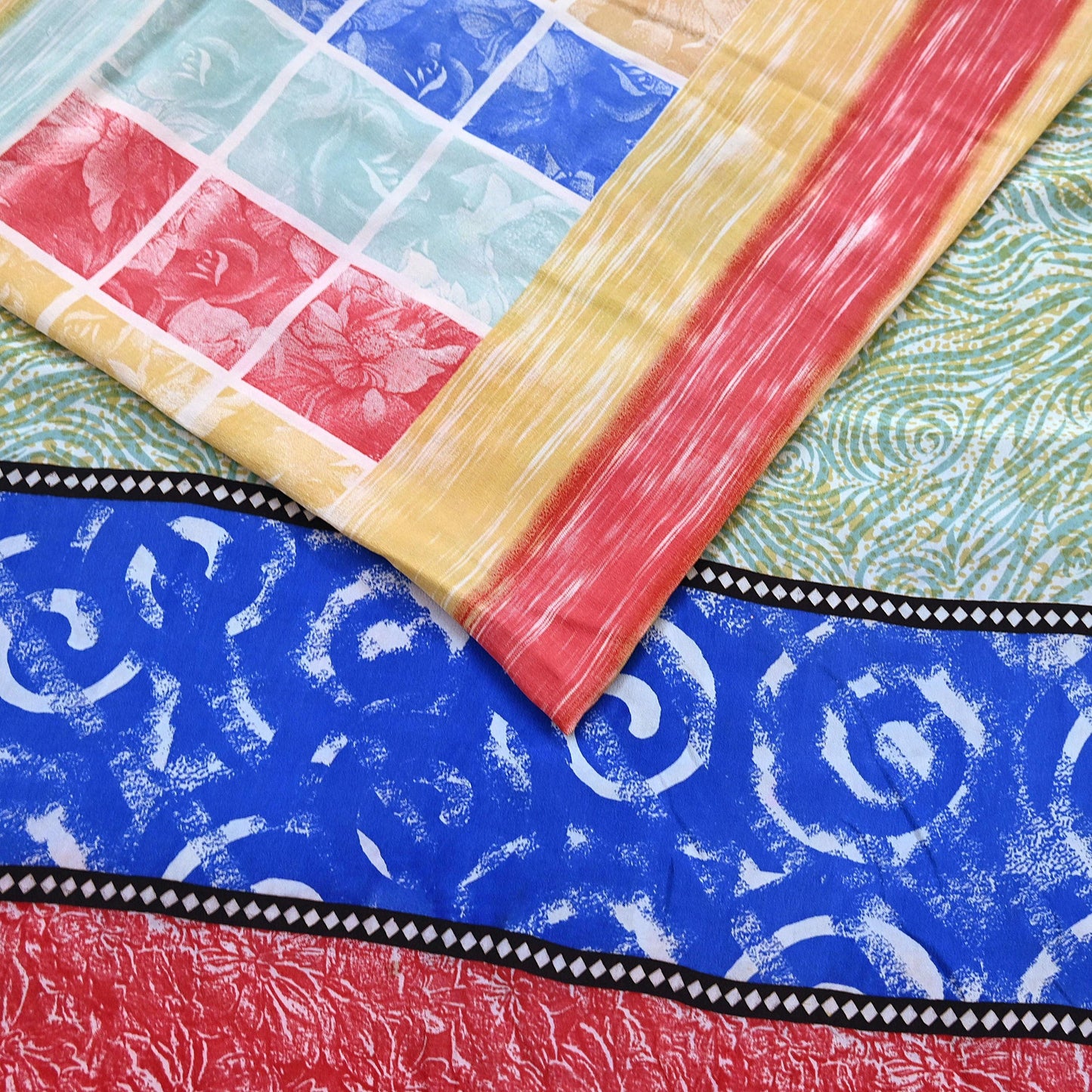 Indian Vintage Sari Multi Pure Crepe Silk Printed Saree 5yard Sewing Geometric Craft Fabric Wrap Dress Making Crafting Quilting