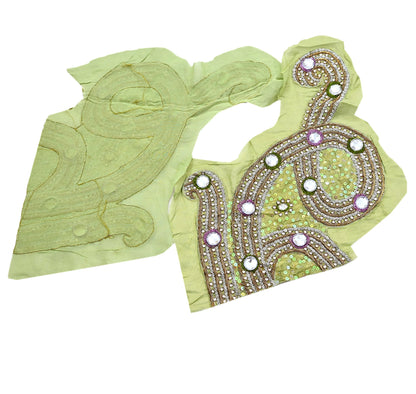 Indian Vintage Green Pure Georgette Silk Appliques Set of 1 Hand-Embroidered Patches with Zardozi, Dabka ,for Craft Journals 18.5x10.5"