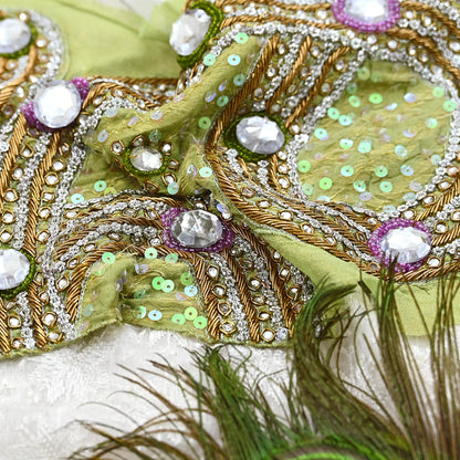 Indian Vintage Green Pure Georgette Silk Appliques Set of 1 Hand-Embroidered Patches with Zardozi, Dabka ,for Craft Journals 18.5x10.5"