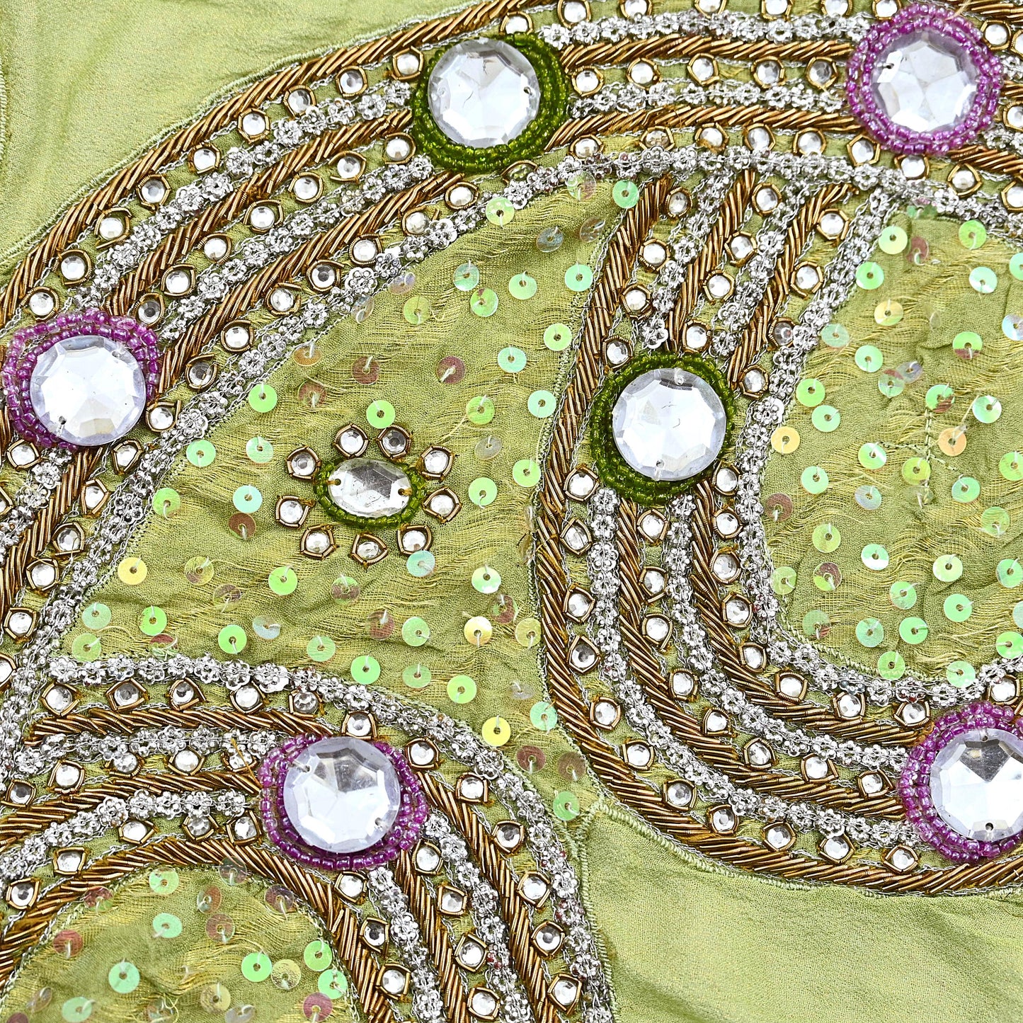 Indian Vintage Green Pure Georgette Silk Appliques Set of 1 Hand-Embroidered Patches with Zardozi, Dabka ,for Craft Journals 18.5x10.5"