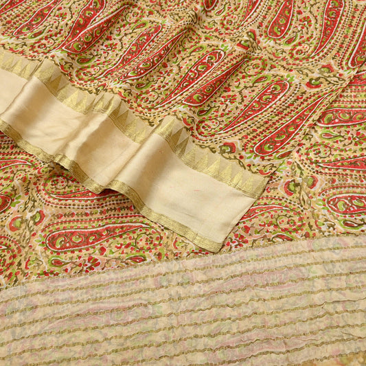 Women Vintage Sari Beige Pure Chiffon Silk Printed Saree Craft Fabric Sewing 5Yard Soft Light Dress Making Floral Zari