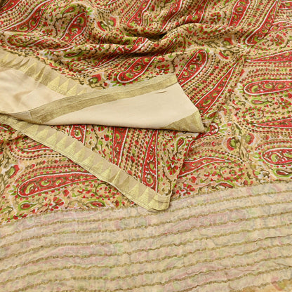 Women Vintage Sari Beige Pure Chiffon Silk Printed Saree Craft Fabric Sewing 5Yard Soft Light Dress Making Floral Zari