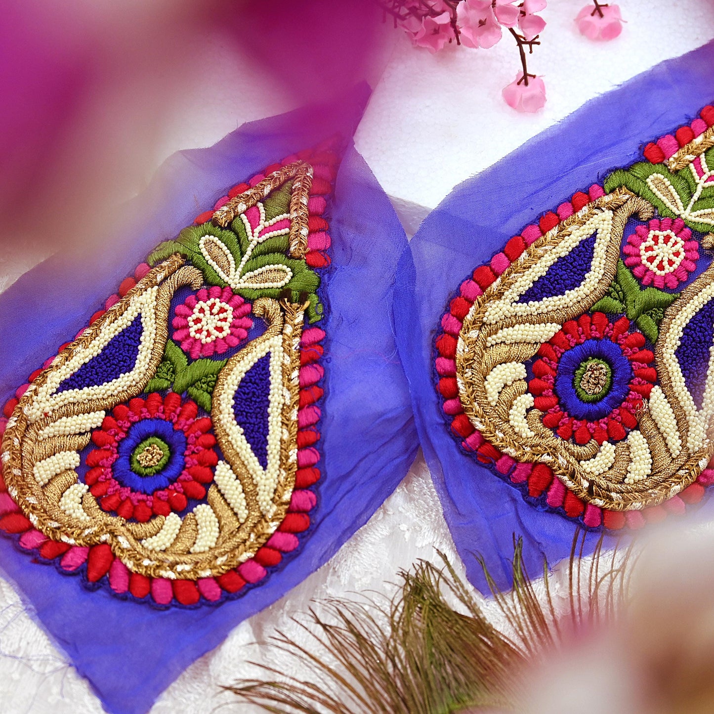 Indian Vintage Purple Georgette Appliques Set of 2 Hand-Embroidered Patches with Zardozi, Dabka ,for Craft Journals 8x4.5"