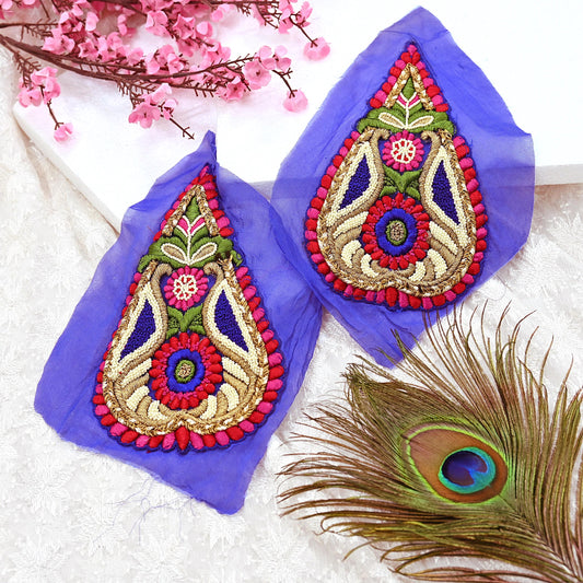 Indian Vintage Purple Georgette Appliques Set of 2 Hand-Embroidered Patches with Zardozi, Dabka ,for Craft Journals 8x4.5"