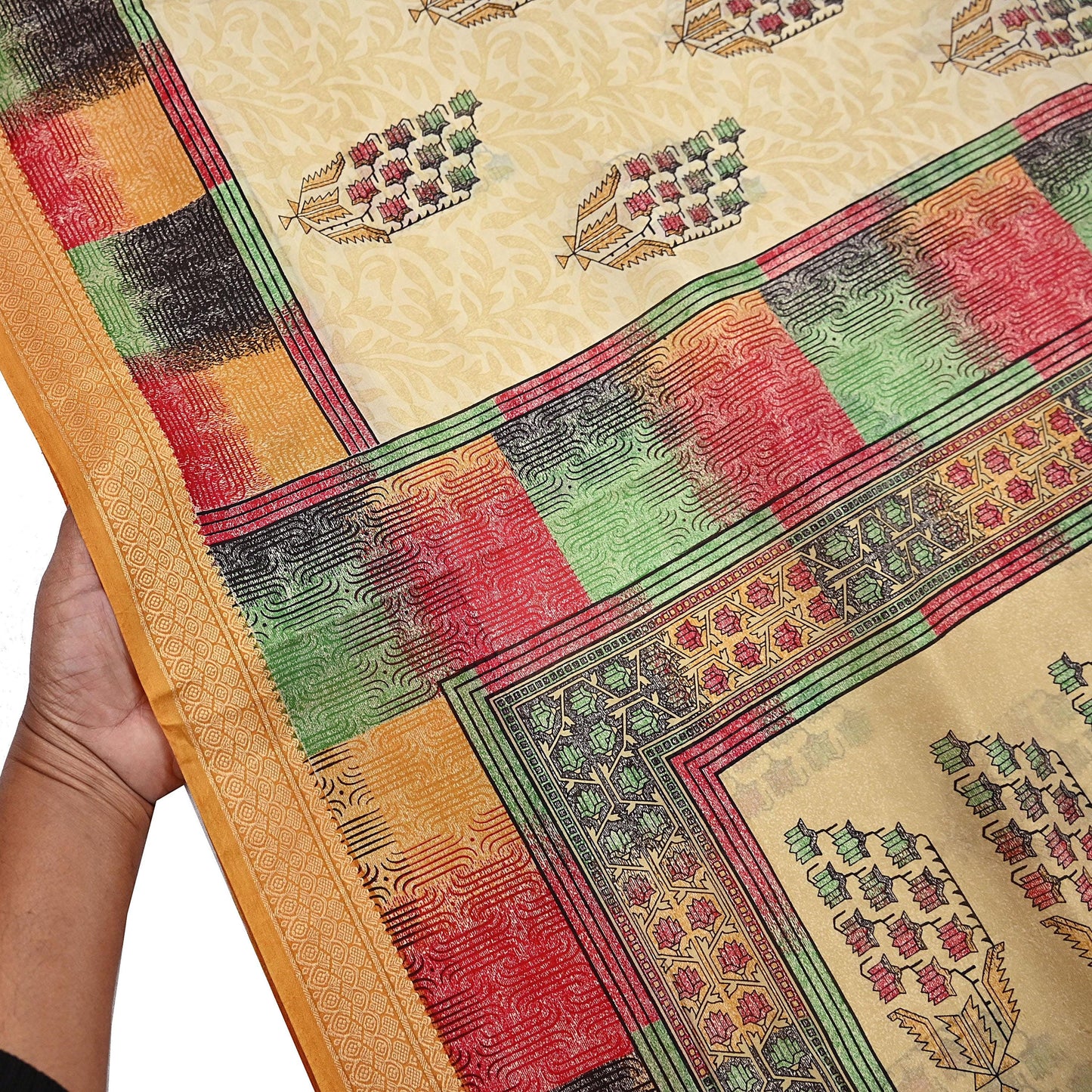 Vintage Sari Beige Pure Silk Printed Saree Fabric 5yard Sewing Soft Dress Designing for Crafting Quilting Upcycle Soft Border