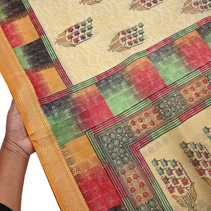 Vintage Sari Beige Pure Silk Printed Saree Fabric 5yard Sewing Soft Dress Designing for Crafting Quilting Upcycle Soft Border