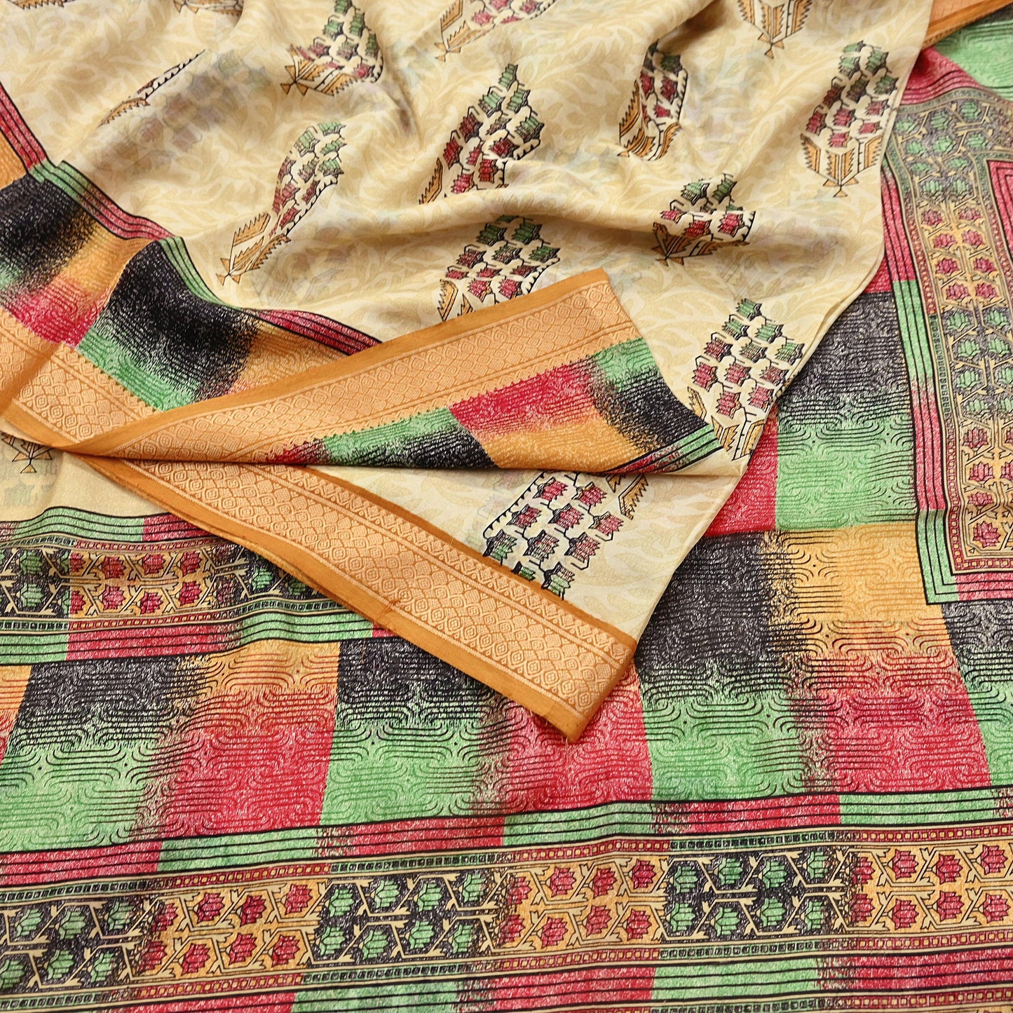 Vintage Sari Beige Pure Silk Printed Saree Fabric 5yard Sewing Soft Dress Designing for Crafting Quilting Upcycle Soft Border