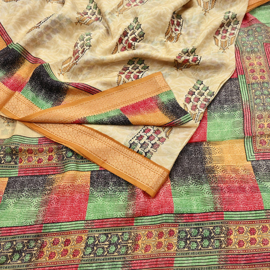 Vintage Sari Beige Pure Silk Printed Saree Fabric 5yard Sewing Soft Dress Designing for Crafting Quilting Upcycle Soft Border