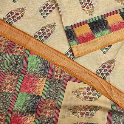 Vintage Sari Beige Pure Silk Printed Saree Fabric 5yard Sewing Soft Dress Designing for Crafting Quilting Upcycle Soft Border