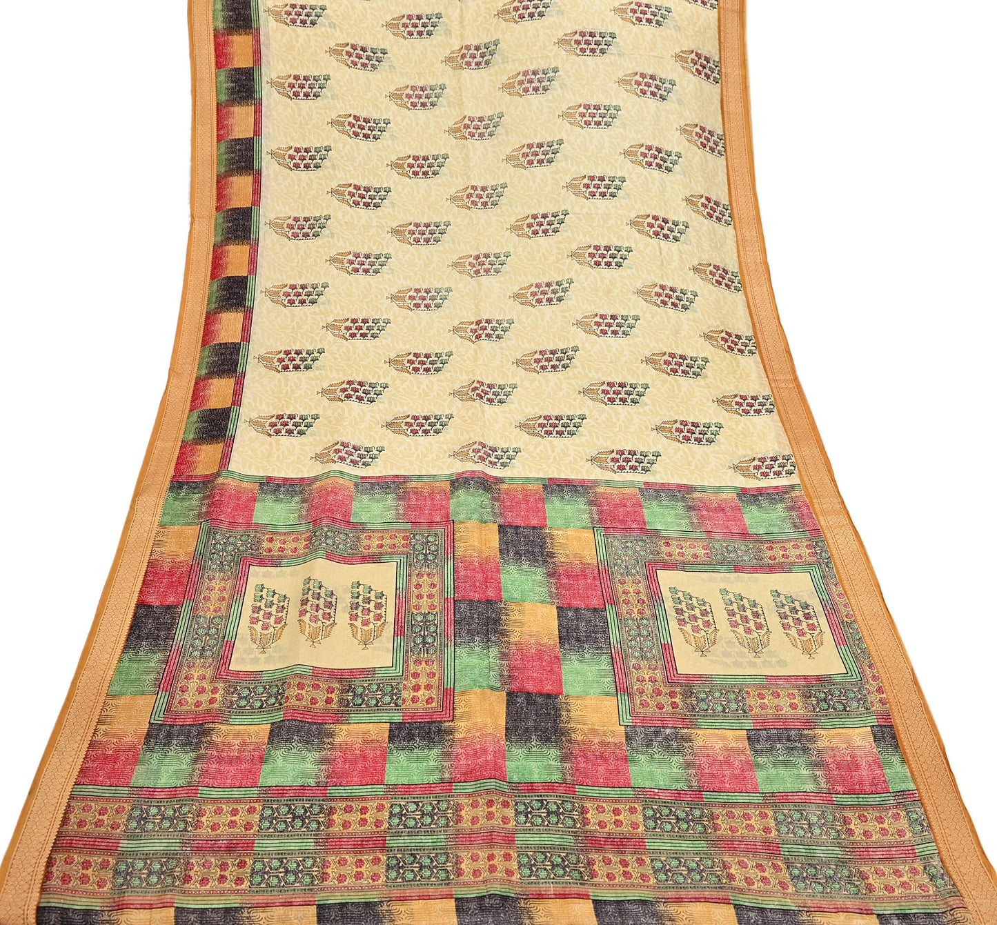 Vintage Sari Beige Pure Silk Printed Saree Fabric 5yard Sewing Soft Dress Designing for Crafting Quilting Upcycle Soft Border