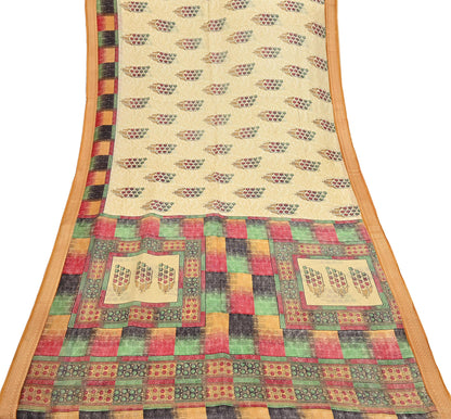 Vintage Sari Beige Pure Silk Printed Saree Fabric 5yard Sewing Soft Dress Designing for Crafting Quilting Upcycle Soft Border
