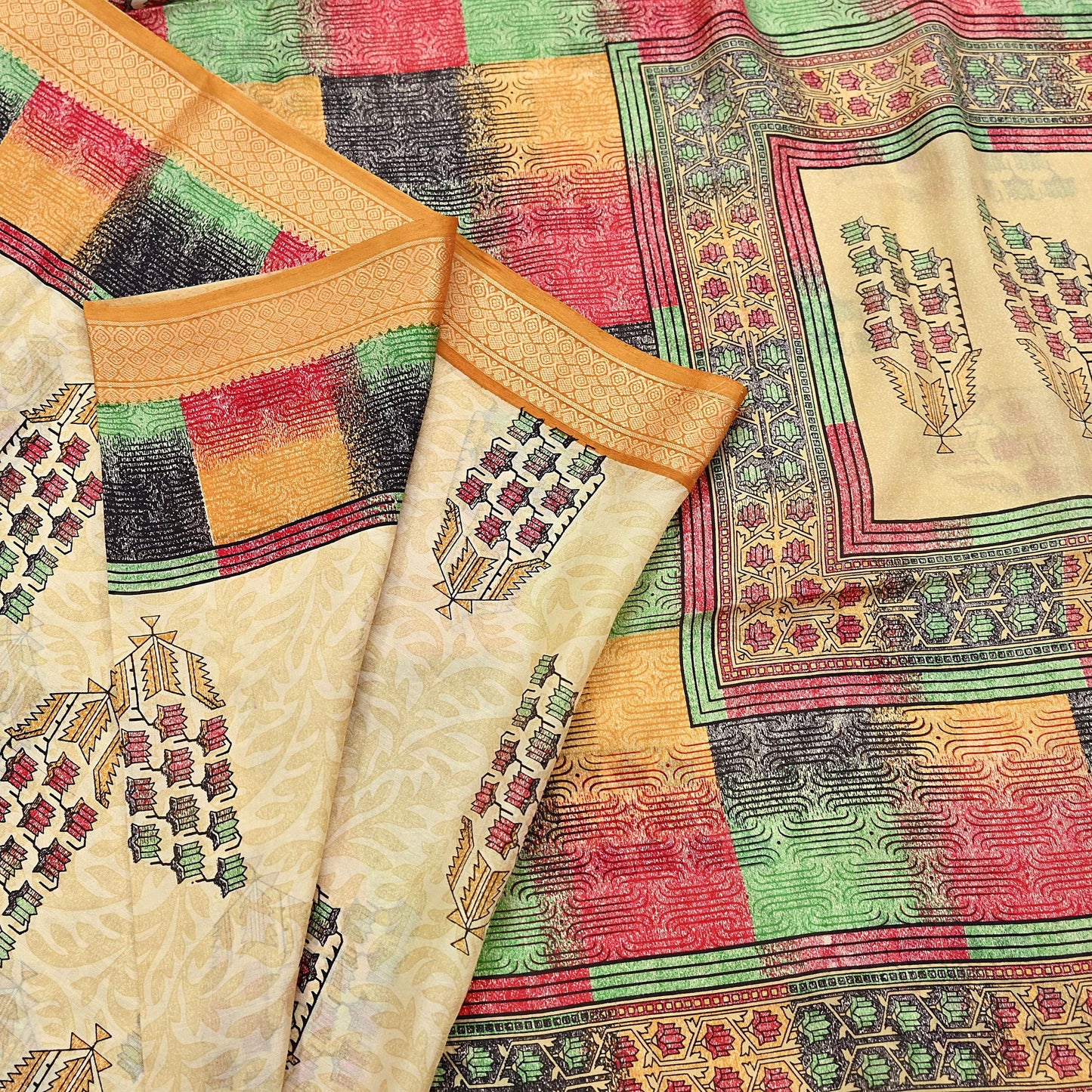 Vintage Sari Beige Pure Silk Printed Saree Fabric 5yard Sewing Soft Dress Designing for Crafting Quilting Upcycle Soft Border