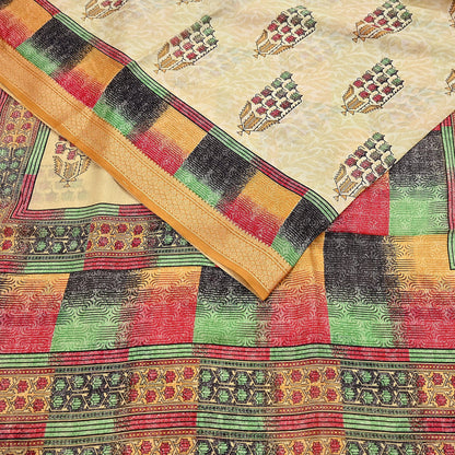 Vintage Sari Beige Pure Silk Printed Saree Fabric 5yard Sewing Soft Dress Designing for Crafting Quilting Upcycle Soft Border