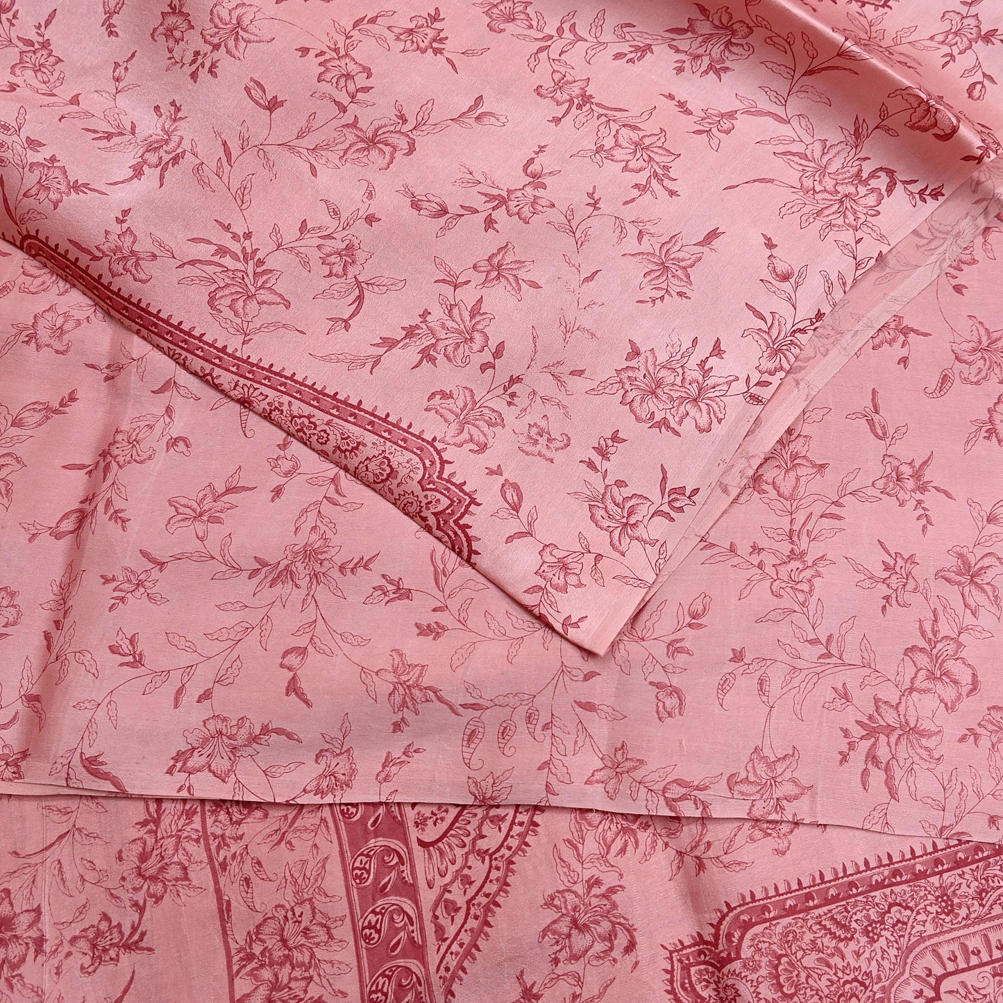 Indian Vintage Sari Peach Printed 100% Pure Satin Silk Sarees 5yd Sewing Craft Fabric Dress Making Wrap Upcycle Quilting Crafting