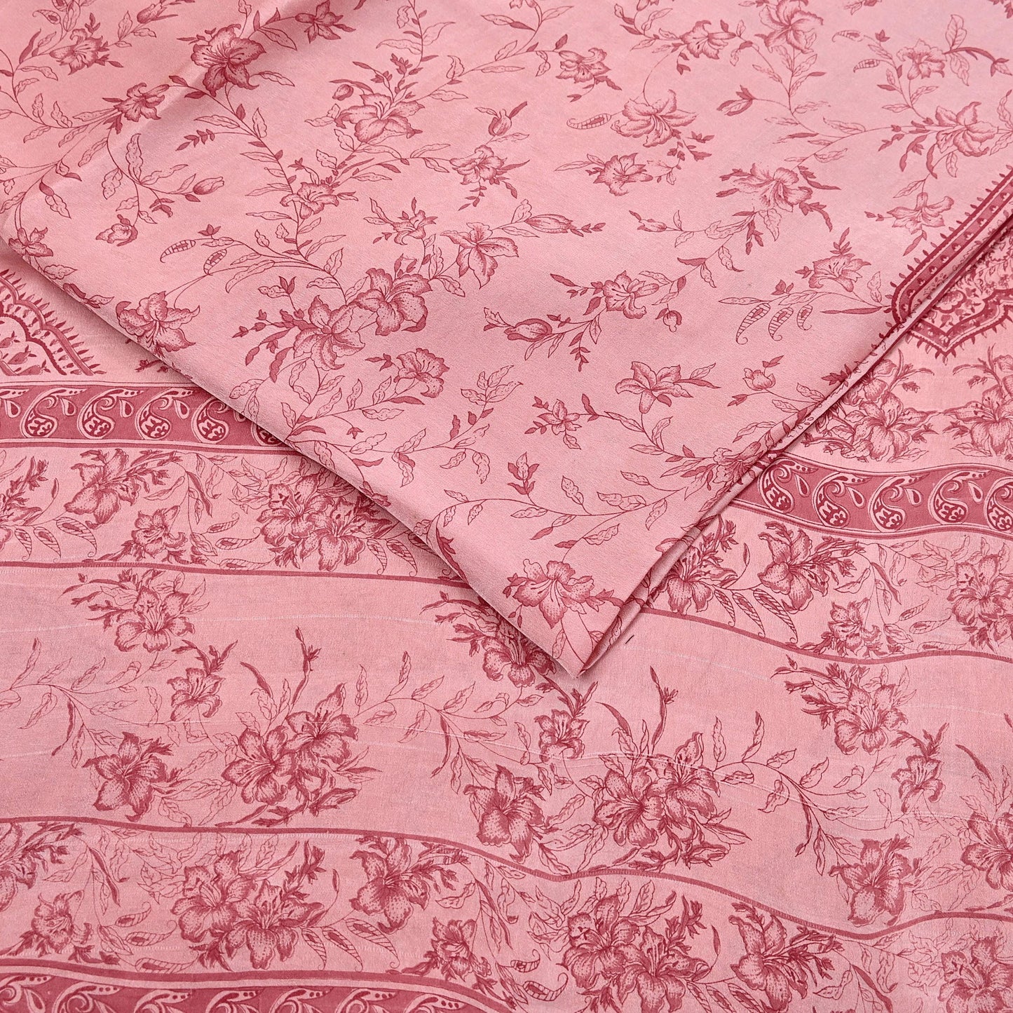 Indian Vintage Sari Peach Printed 100% Pure Satin Silk Sarees 5yd Sewing Craft Fabric Dress Making Wrap Upcycle Quilting Crafting