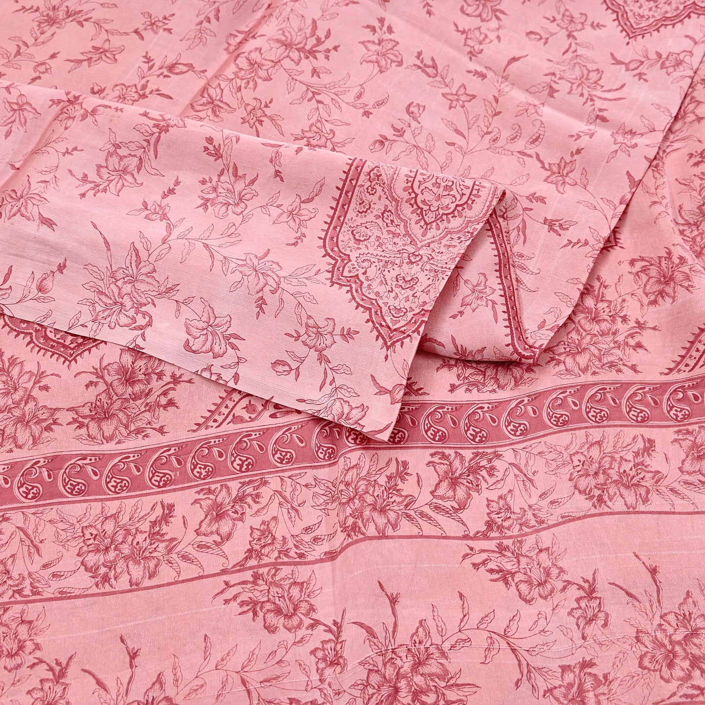 Indian Vintage Sari Peach Printed 100% Pure Satin Silk Sarees 5yd Sewing Craft Fabric Dress Making Wrap Upcycle Quilting Crafting