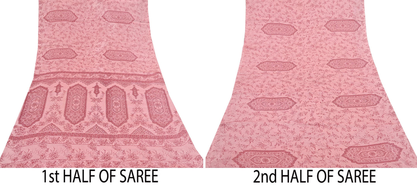 Indian Vintage Sari Peach Printed 100% Pure Satin Silk Sarees 5yd Sewing Craft Fabric Dress Making Wrap Upcycle Quilting Crafting