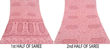 Indian Vintage Sari Peach Printed 100% Pure Satin Silk Sarees 5yd Sewing Craft Fabric Dress Making Wrap Upcycle Quilting Crafting