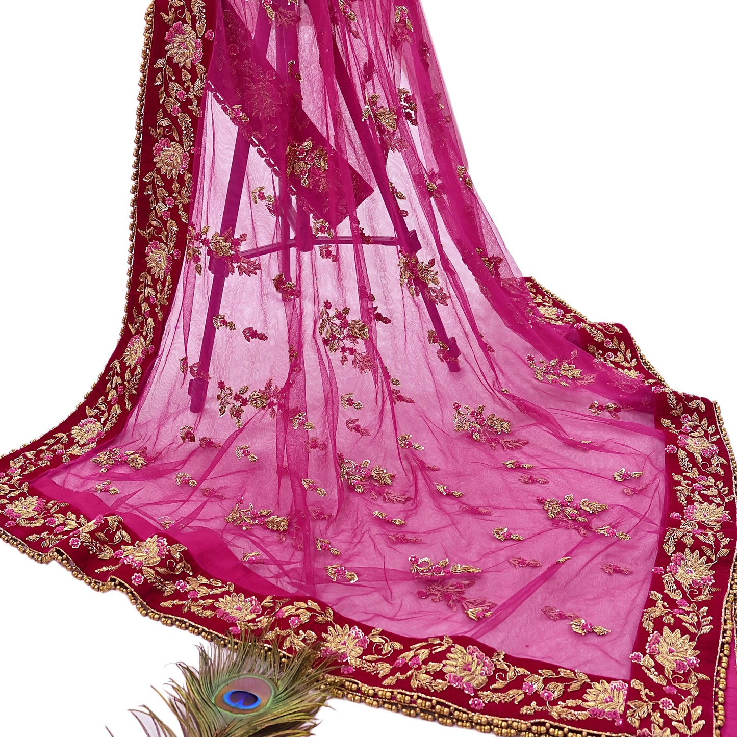 Indian Heavy Wedding Rani pink Net/ velvet Hand Embroidered Lehenga 2pcs Set Designer By Manish Malhotra Party Wear