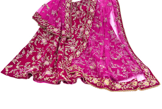 Indian Heavy Wedding Rani pink Net/ velvet Hand Embroidered Lehenga 2pcs Set Designer By Manish Malhotra Party Wear