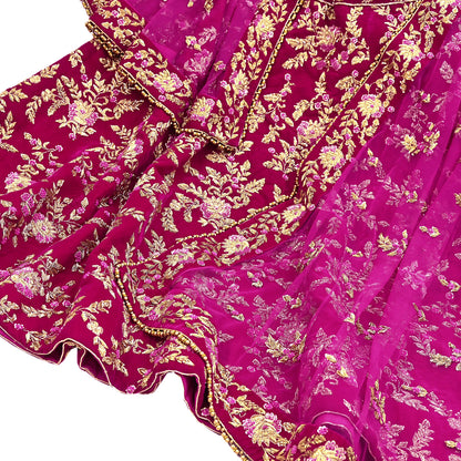 Indian Heavy Wedding Rani pink Net/ velvet Hand Embroidered Lehenga 2pcs Set Designer By Manish Malhotra Party Wear
