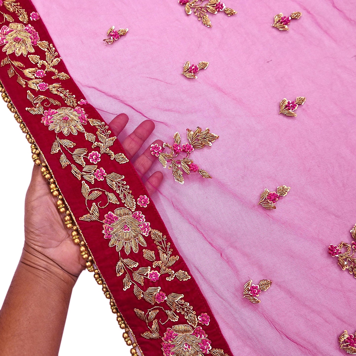 Indian Vintage Heavy Rani pink Net/Mesh Hand Embroidered Dupatta Designer By Manish Malhotra Bridal Wear Zardozi Veil Hijab