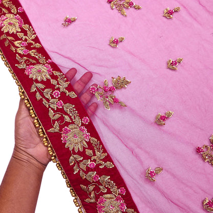 Indian Vintage Heavy Rani pink Net/Mesh Hand Embroidered Dupatta Designer By Manish Malhotra Bridal Wear Zardozi Veil Hijab