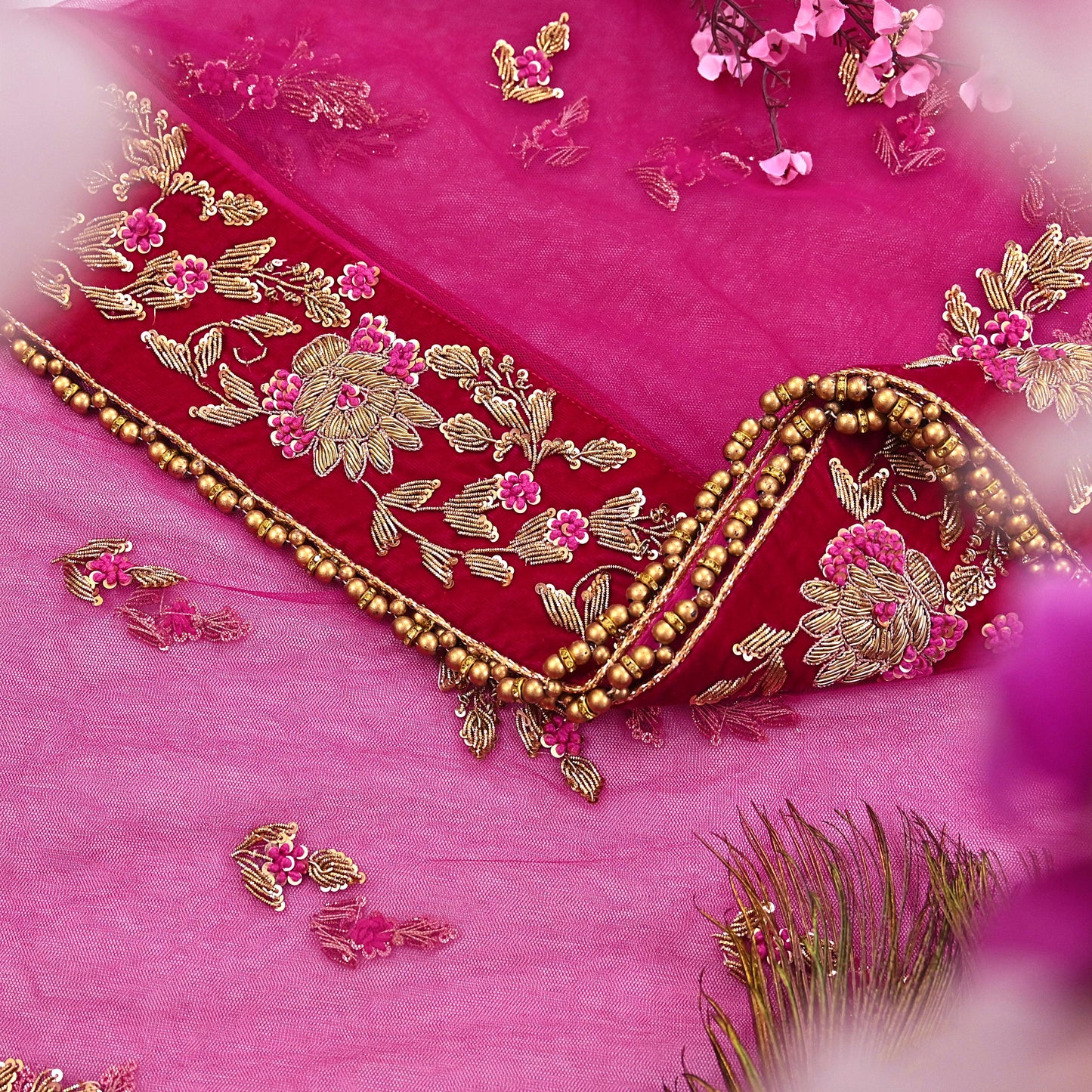 Indian Vintage Heavy Rani pink Net/Mesh Hand Embroidered Dupatta Designer By Manish Malhotra Bridal Wear Zardozi Veil Hijab