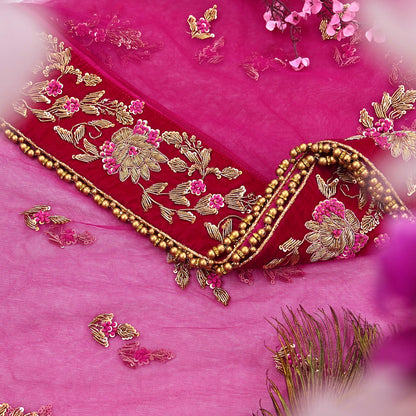 Indian Vintage Heavy Rani pink Net/Mesh Hand Embroidered Dupatta Designer By Manish Malhotra Bridal Wear Zardozi Veil Hijab