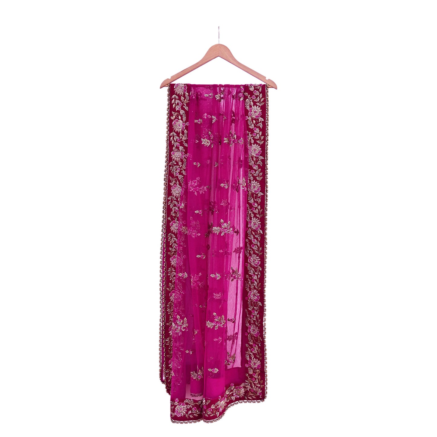 Indian Vintage Heavy Rani pink Net/Mesh Hand Embroidered Dupatta Designer By Manish Malhotra Bridal Wear Zardozi Veil Hijab