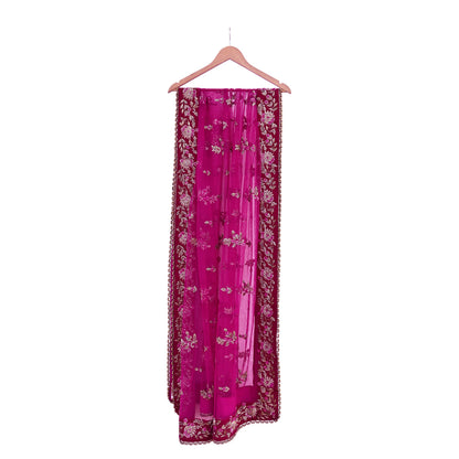 Indian Vintage Heavy Rani pink Net/Mesh Hand Embroidered Dupatta Designer By Manish Malhotra Bridal Wear Zardozi Veil Hijab