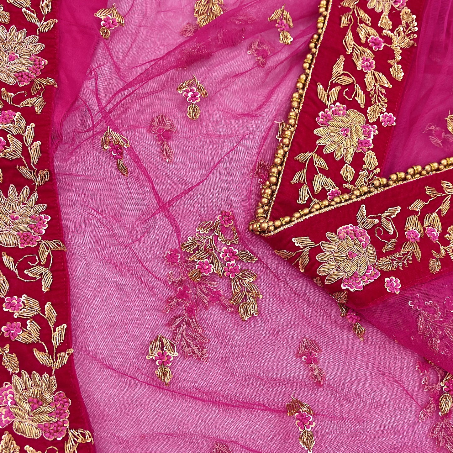 Indian Vintage Heavy Rani pink Net/Mesh Hand Embroidered Dupatta Designer By Manish Malhotra Bridal Wear Zardozi Veil Hijab