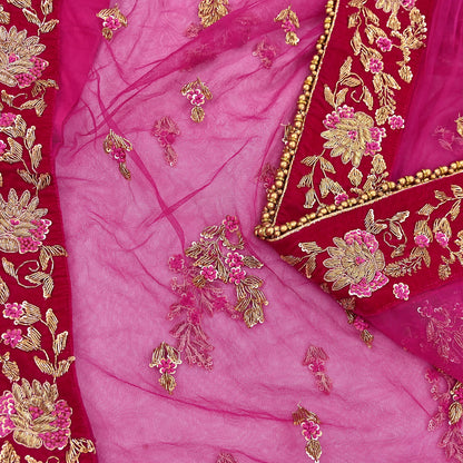 Indian Vintage Heavy Rani pink Net/Mesh Hand Embroidered Dupatta Designer By Manish Malhotra Bridal Wear Zardozi Veil Hijab
