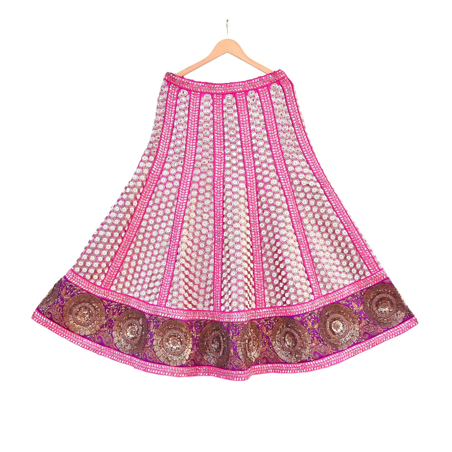 Indian Vintage Heavy Rani Pink Pure Raw Silk Hand Embroidered Lehenga Skirt By Designer Sabyasachi Bridal Wear Dabka/ Zardozi
