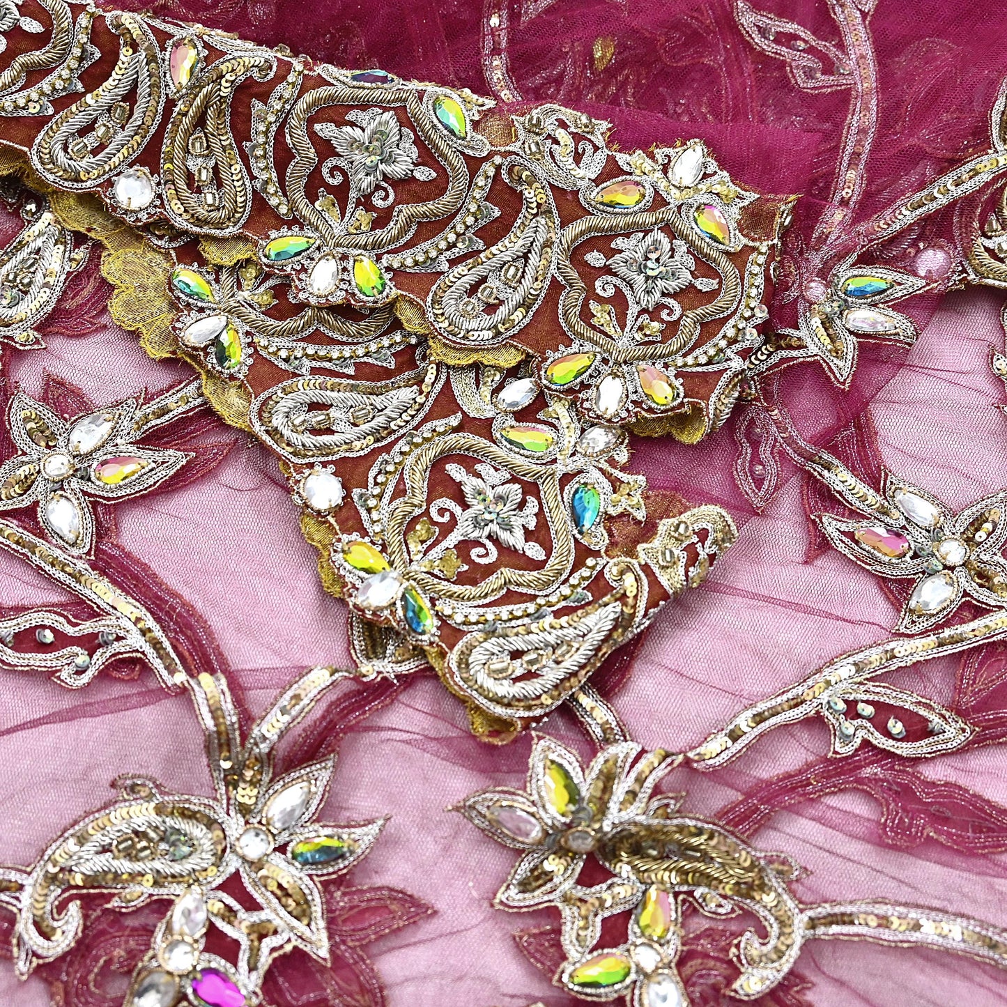 Indian Vintage Heavy Wedding pink Net/Mesh Hand Embroidered Dupatta Designer By Manish Malhotra Bridal Wear Zardozi Veil Hijab