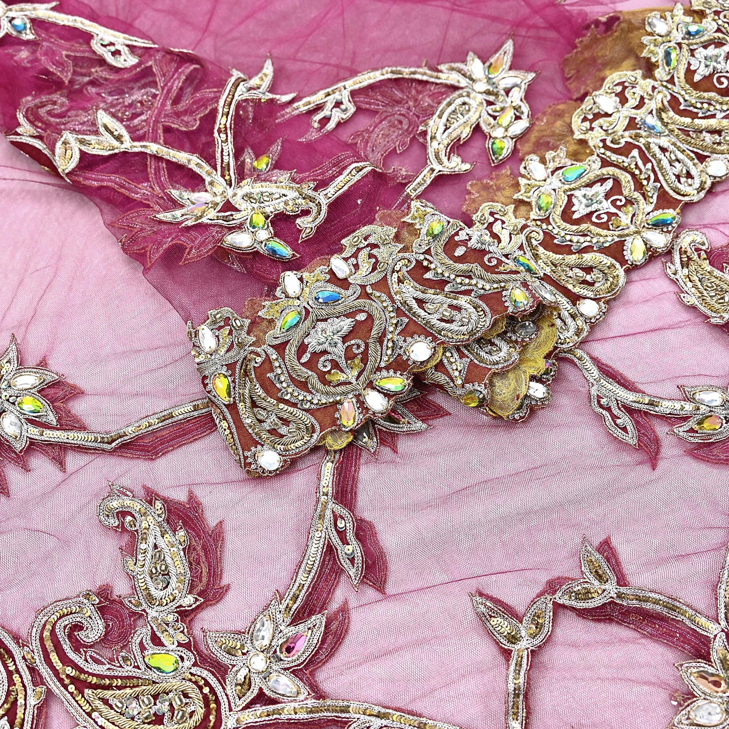 Indian Vintage Heavy Wedding pink Net/Mesh Hand Embroidered Dupatta Designer By Manish Malhotra Bridal Wear Zardozi Veil Hijab