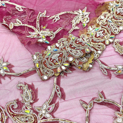 Indian Vintage Heavy Wedding pink Net/Mesh Hand Embroidered Dupatta Designer By Manish Malhotra Bridal Wear Zardozi Veil Hijab