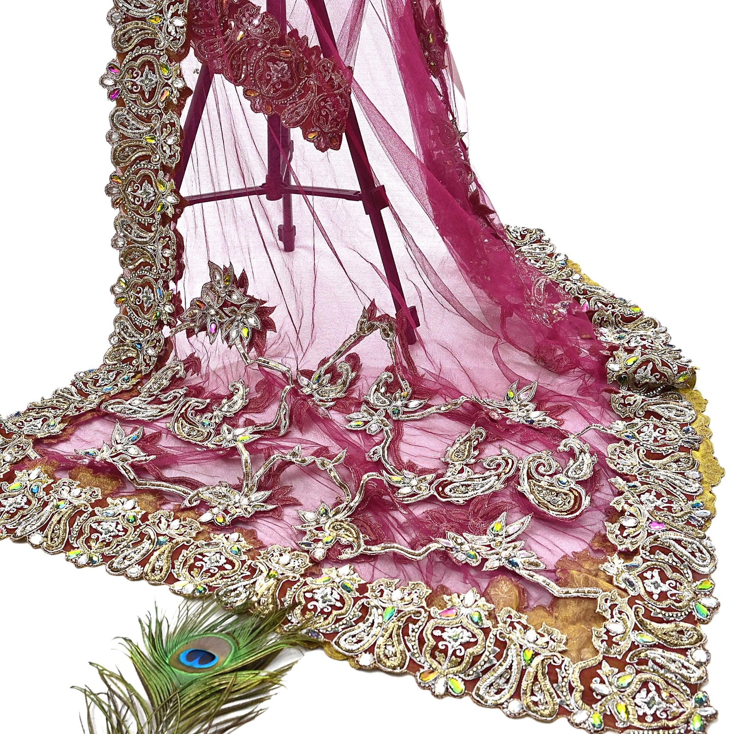 Indian Vintage Heavy Wedding pink Net/Mesh Hand Embroidered Dupatta Designer By Manish Malhotra Bridal Wear Zardozi Veil Hijab