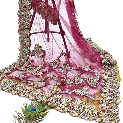 Indian Vintage Heavy Wedding pink Net/Mesh Hand Embroidered Dupatta Designer By Manish Malhotra Bridal Wear Zardozi Veil Hijab
