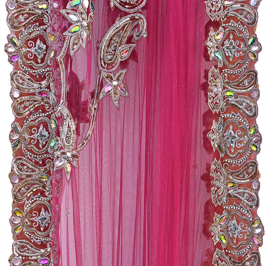 Indian Vintage Heavy Wedding pink Net/Mesh Hand Embroidered Dupatta Designer By Manish Malhotra Bridal Wear Zardozi Veil Hijab